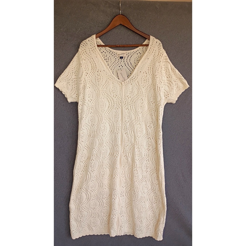 Crochet Knit Midi Dress 1X Cotton V-Neck Cream White Short Sleeve New Boho